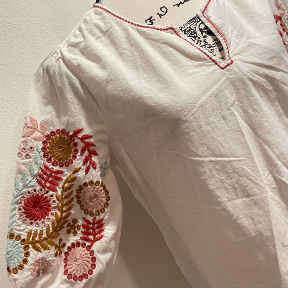 Madewell Blouse White Colorful Embroidered Popover Sleeve Hippie 70’s Vibes Sz M - Picture 12 of 15